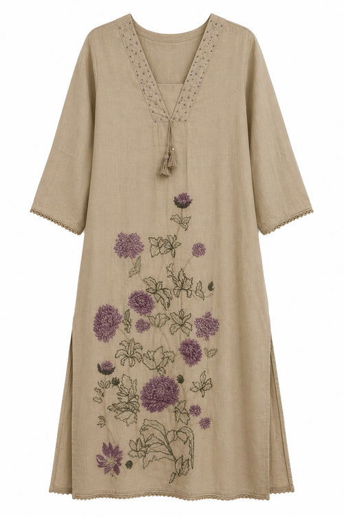 Beige Floral Embroidered Kurta Dupatta Set