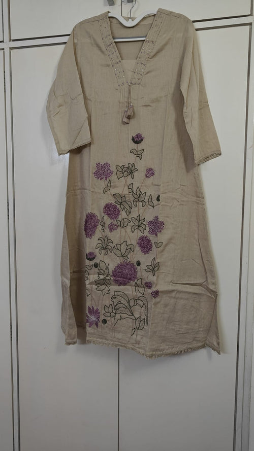 Beige Floral Embroidered Kurta Dupatta Set, beige