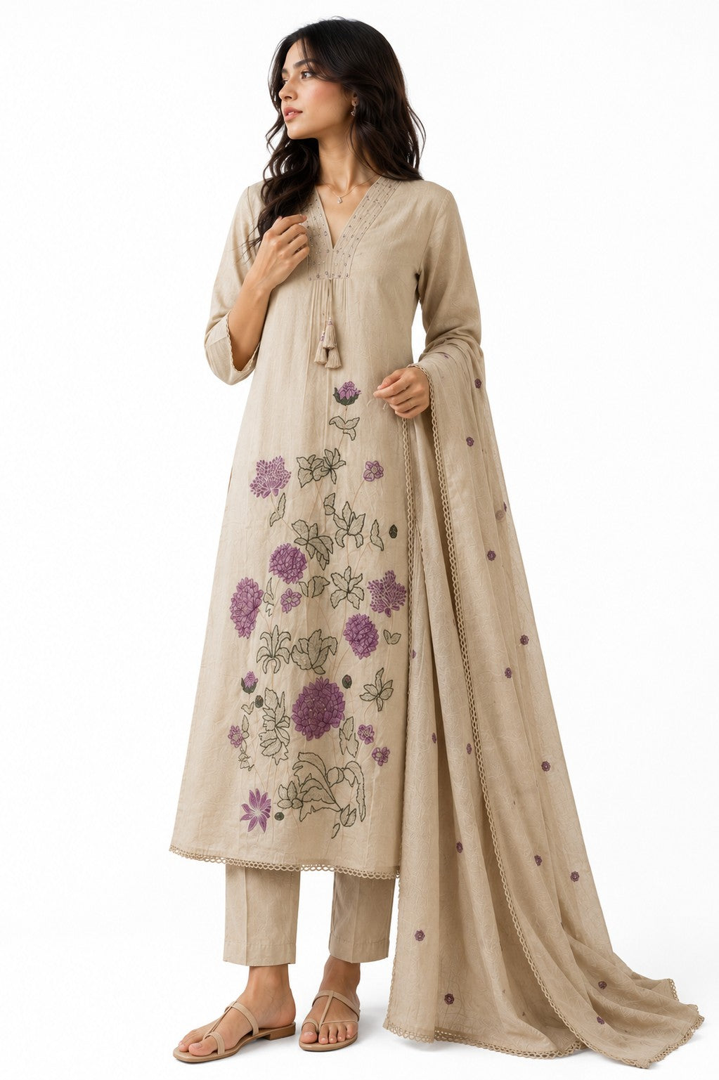 Beige Floral Embroidered Kurta Dupatta Set - view 5