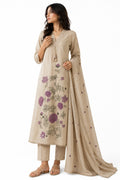 Beige Floral Embroidered Kurta Dupatta Set - view 5
