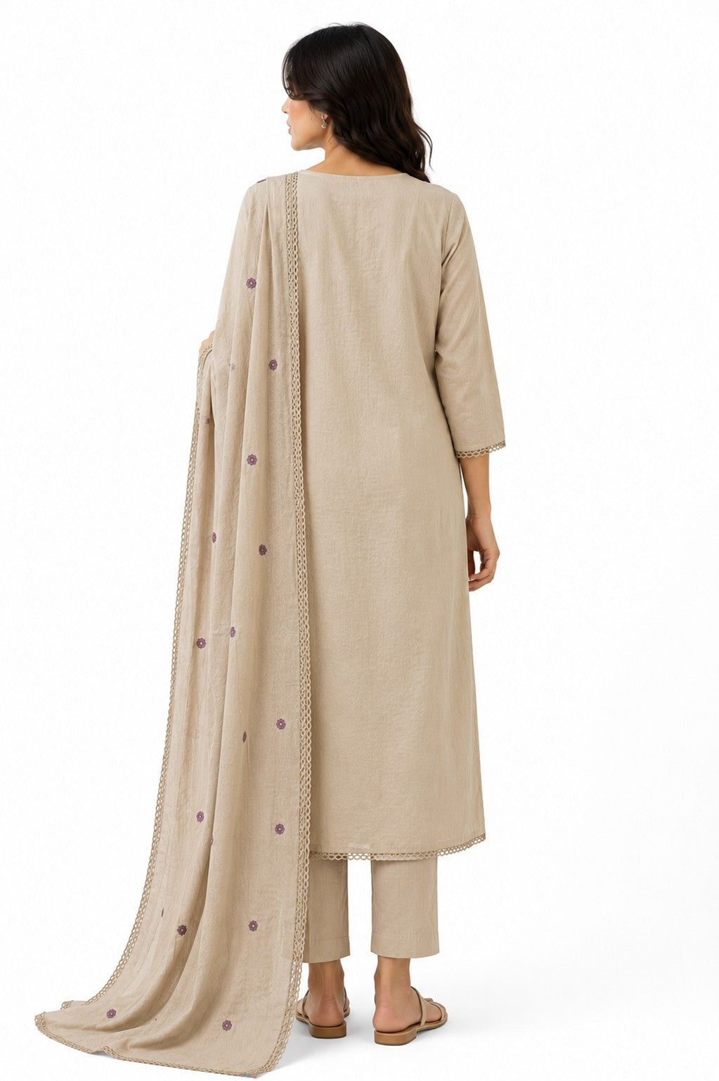 Beige Floral Embroidered Kurta Dupatta Set - view 6