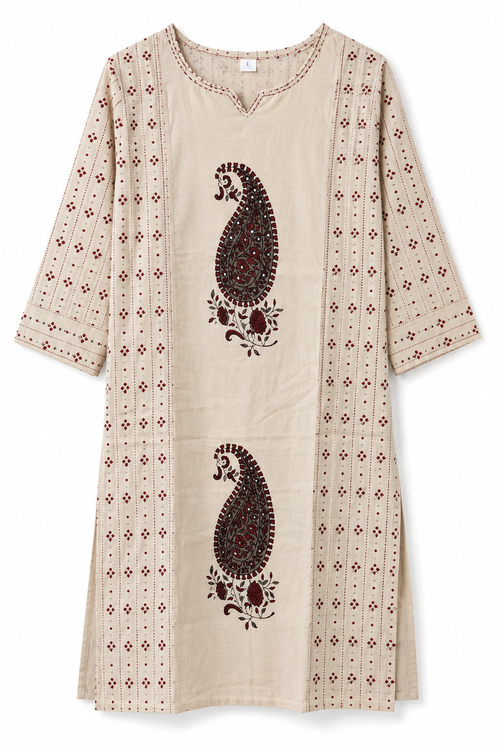 Beige Paisley Print Kurta Set, beige