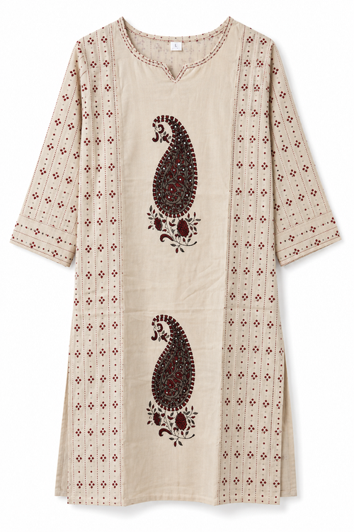 Beige Paisley Print Kurta Set, beige