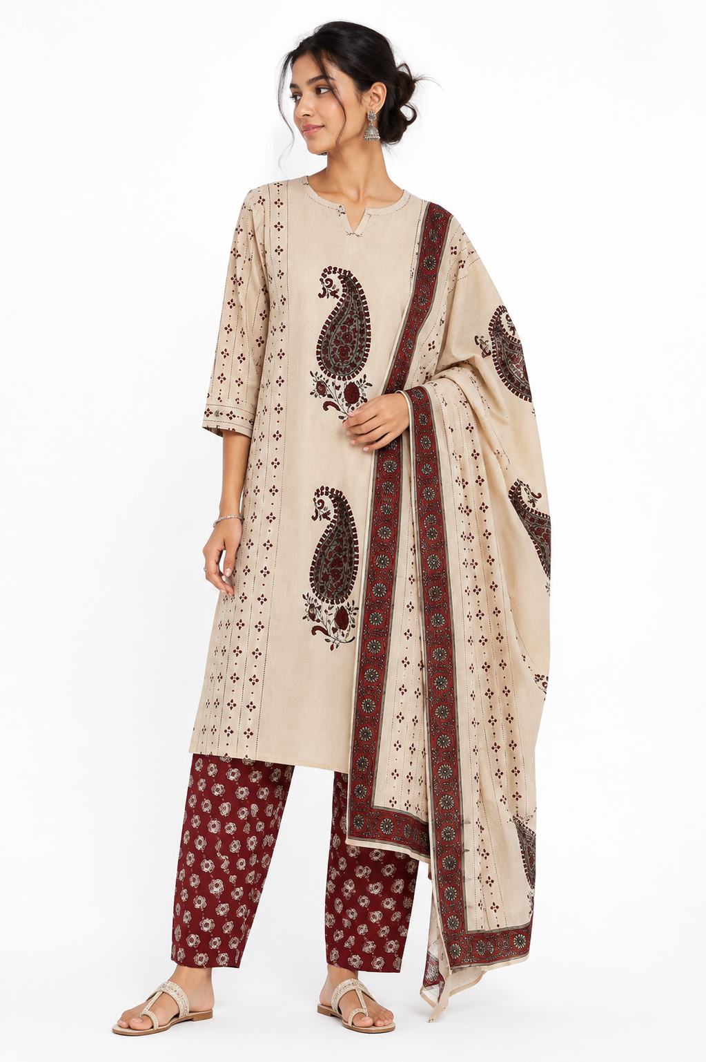 Beige Paisley Print Kurta Set - view 4