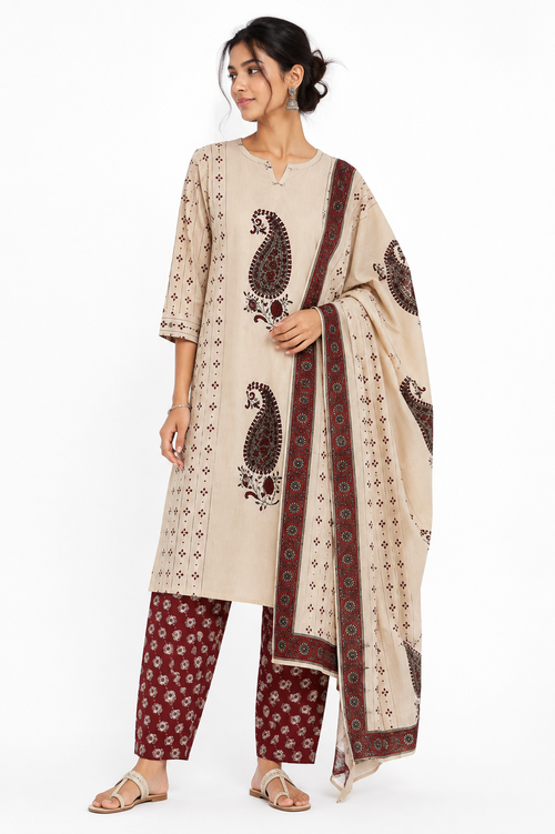 Beige Paisley Print Kurta Set - view 4