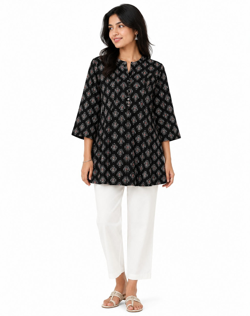 Black Ikat Print Flared Kurti