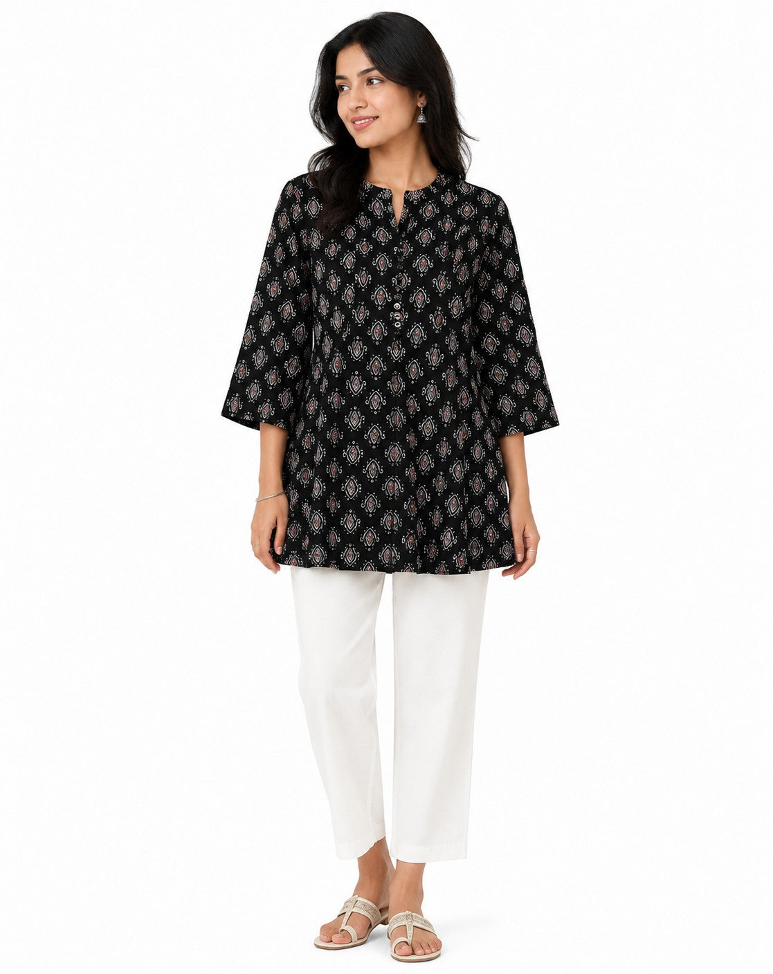 Black Ikat Print Flared Kurti