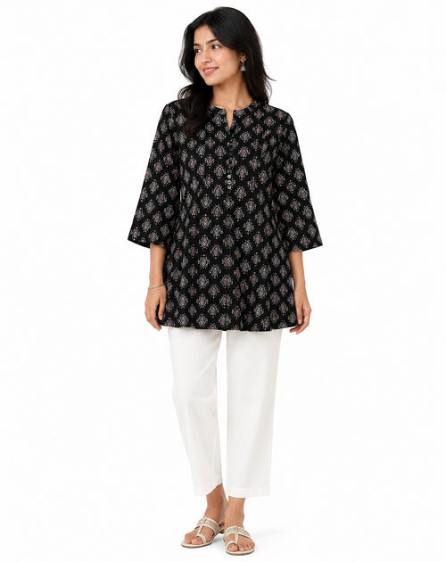 Black Ikat Print Flared Kurti