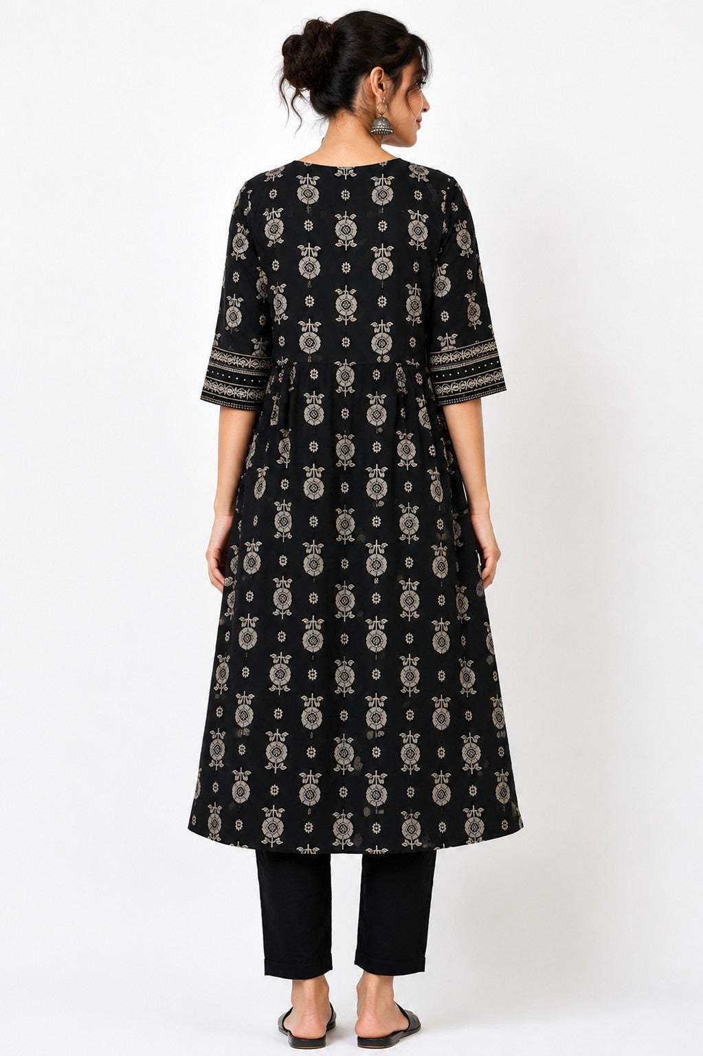 Black Motif Print Anarkali Set