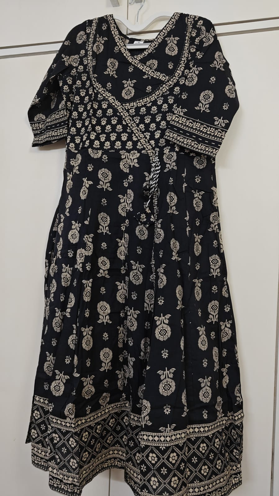 Black Motif Print Anarkali Set, black