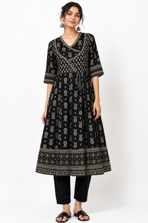 Black Motif Print Anarkali Set - view 2