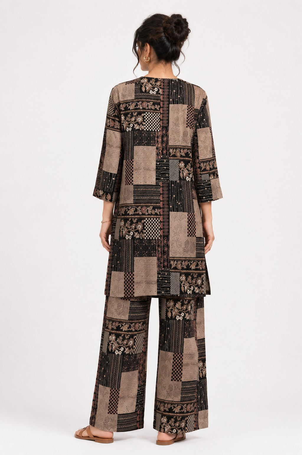 Black Patchwork Print Shirt Set - view 2