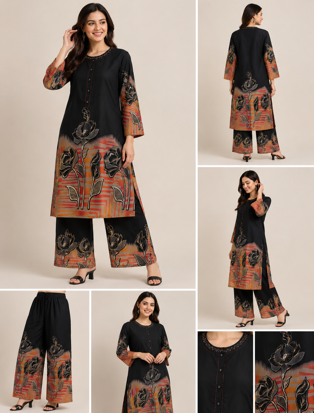 Black Rose Print Kurta Set, black - view 3