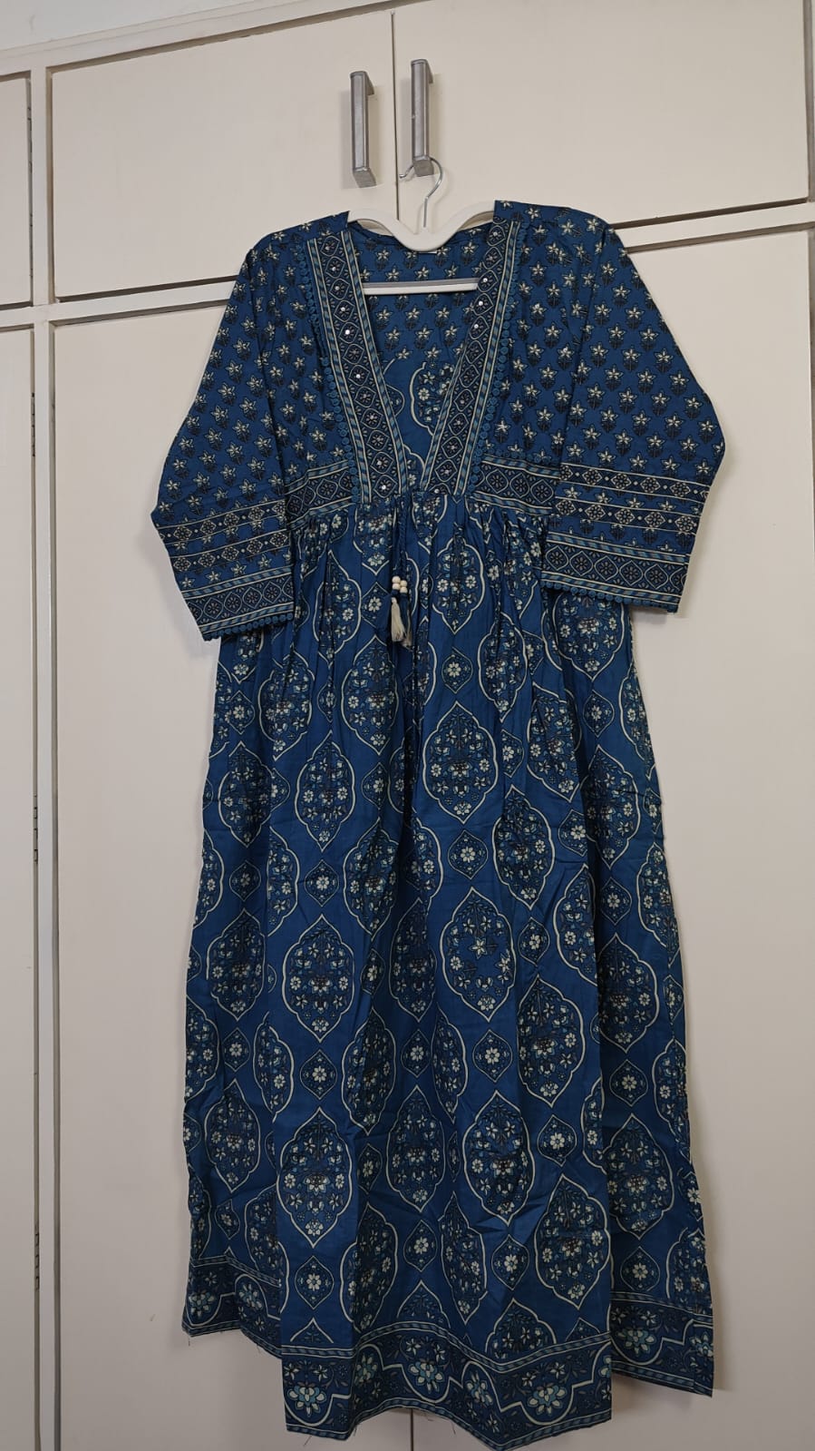 Blue Ethnic Print Flared Kurta Set, blue