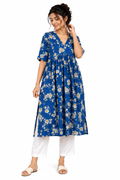 Blue Floral Print Gathered Kurta - view 2