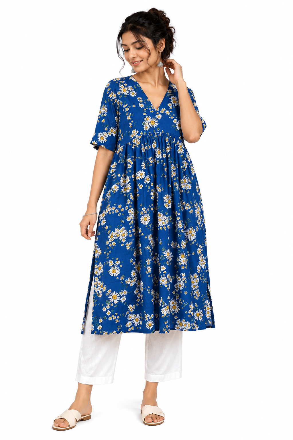 Blue Floral Print Gathered Kurta - view 2