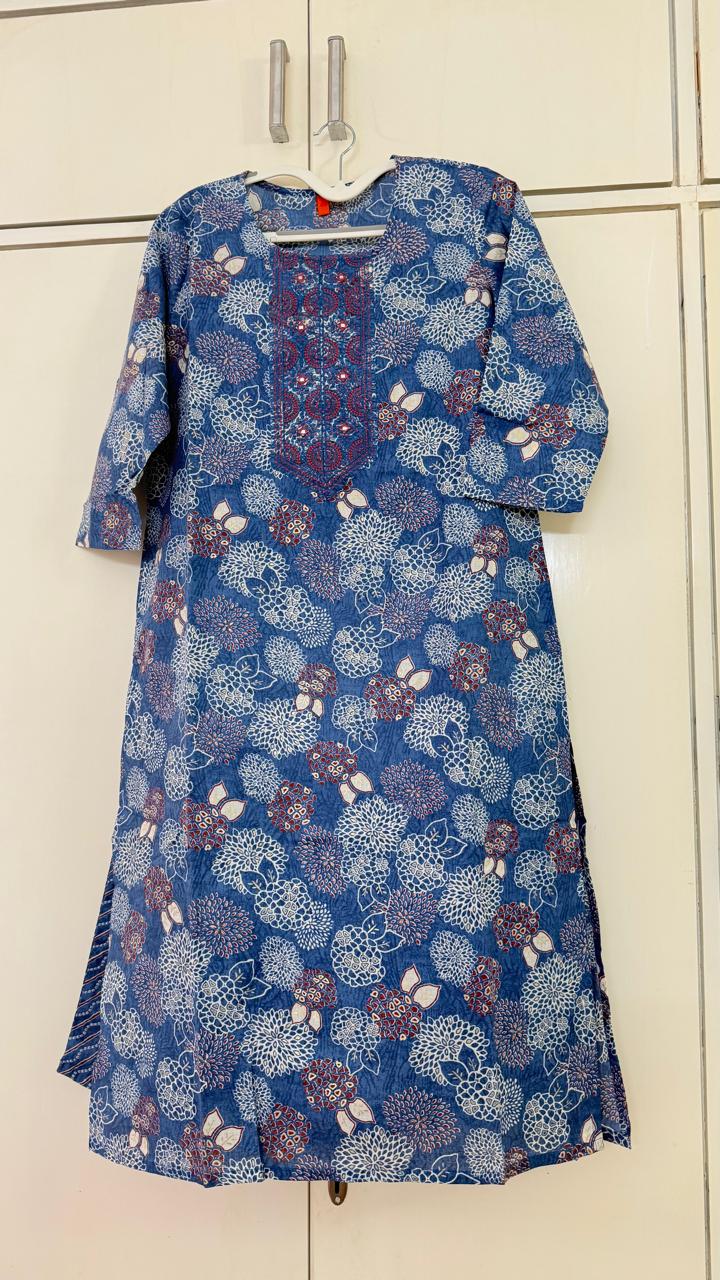 Blue Floral Print Kurta Set, blue