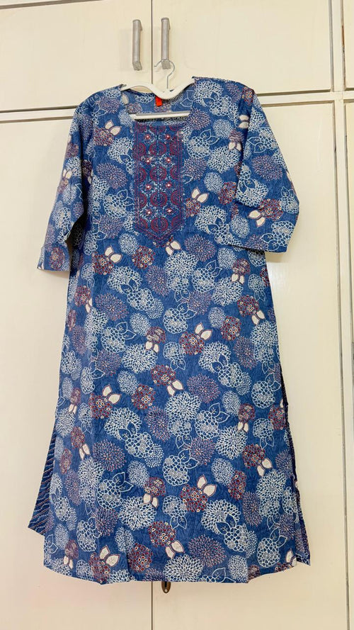 Blue Floral Print Kurta Set, blue