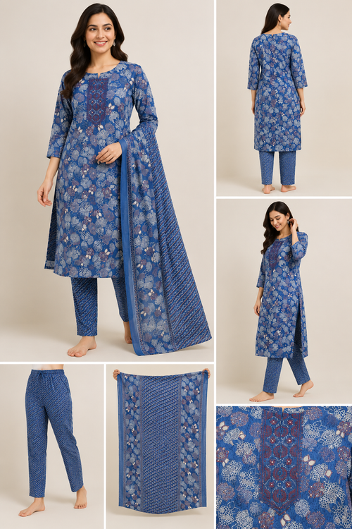 Blue Floral Print Kurta Set, blue - view 2