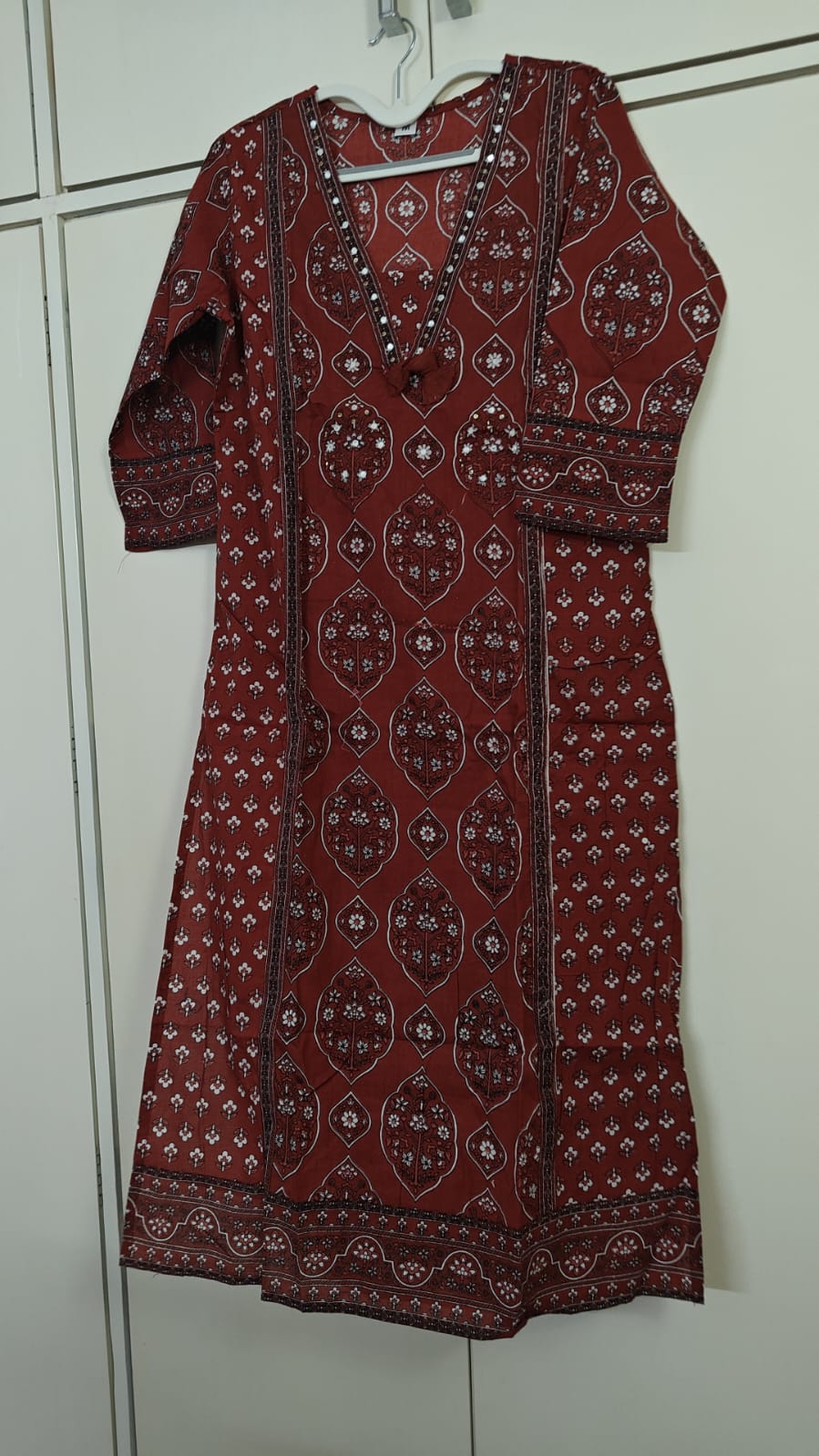 Brick Red Ethnic Print Kurta Set, maroon