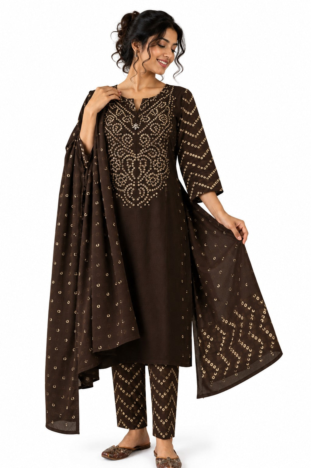 Brown Bandhani-Yoke Kurta Set - view 3