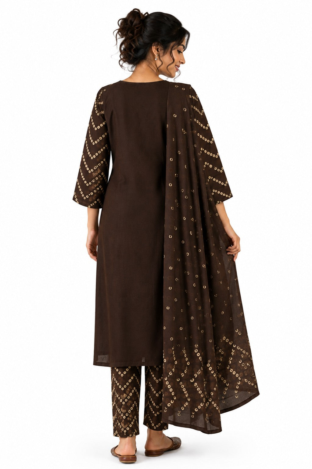 Brown Bandhani-Yoke Kurta Set - view 4
