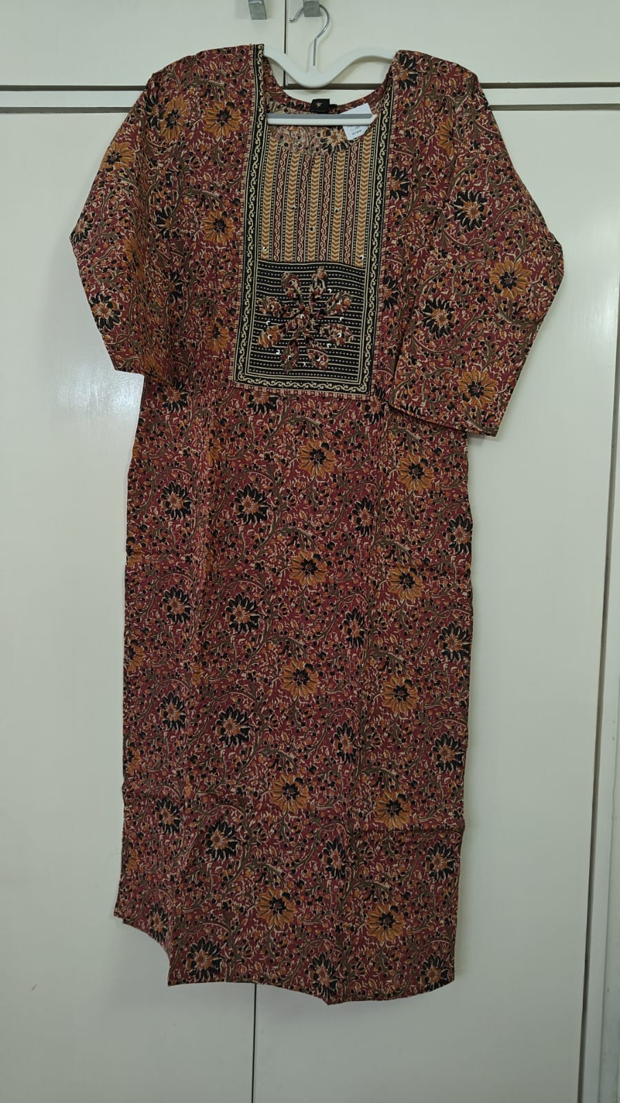 Brown Floral Print Kurta with Zari Yoke, brown