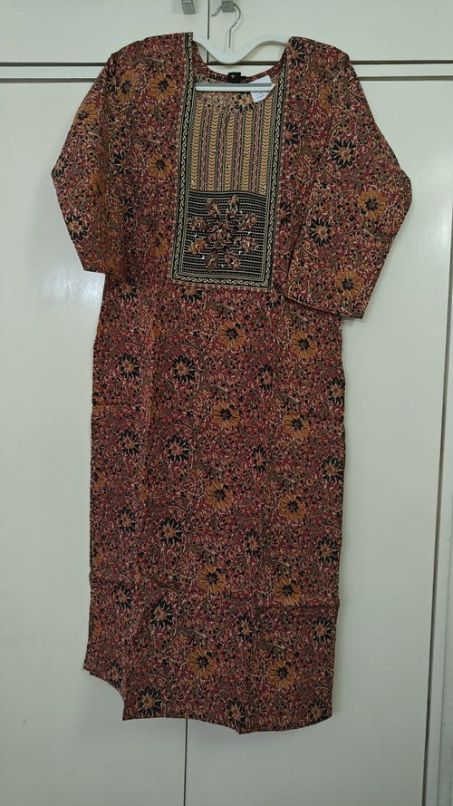 Brown Floral Print Kurta with Zari Yoke, brown