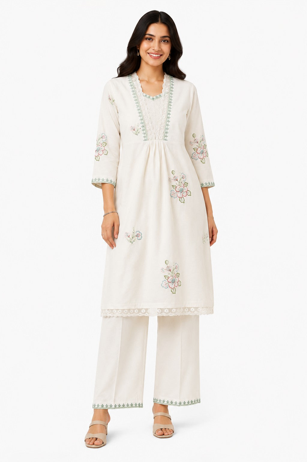 Cream Embroidered Kurta Set - view 2