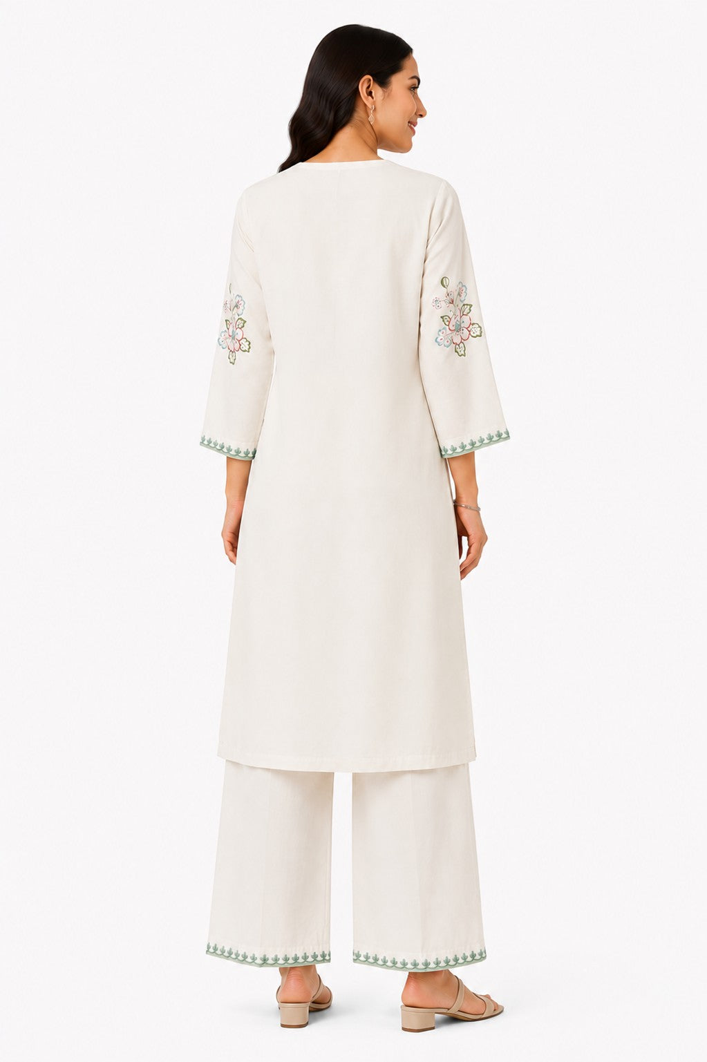 Cream Embroidered Kurta Set - view 3