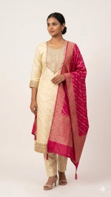 Cream & Rani Banarasi Dupatta Suit Set, cream