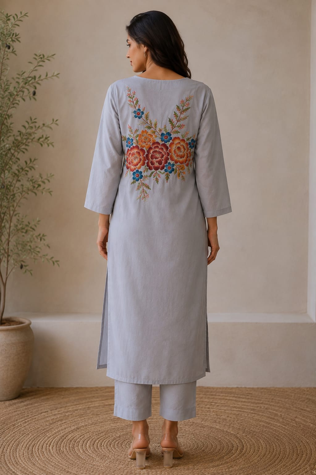 Grey Floral Embroidered Kurta Set - view 3