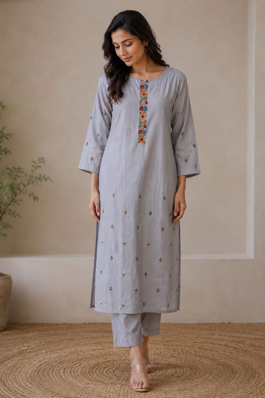 Grey Floral Embroidered Kurta Set - view 4