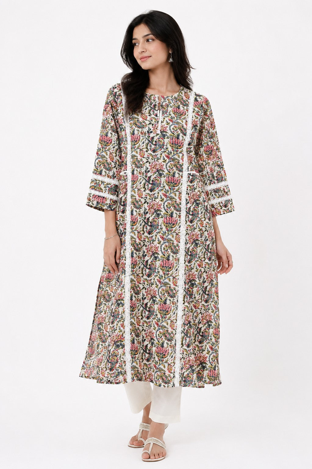Grey Floral Print Kurti with Lace Trim - view 2