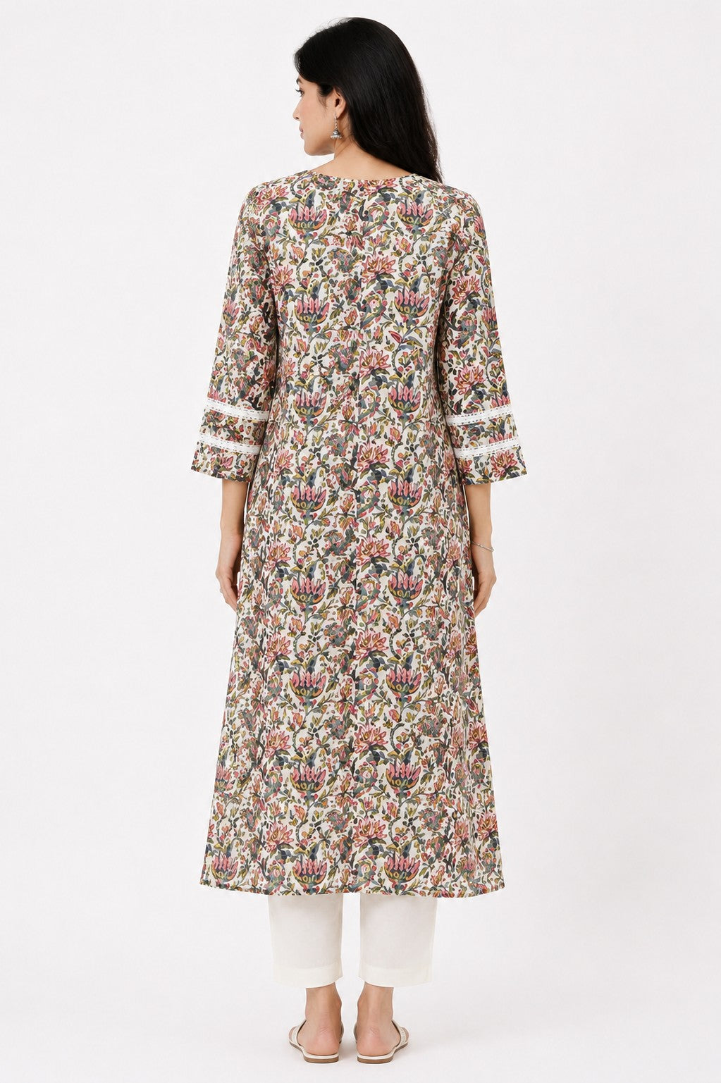 Grey Floral Print Kurti with Lace Trim - view 3