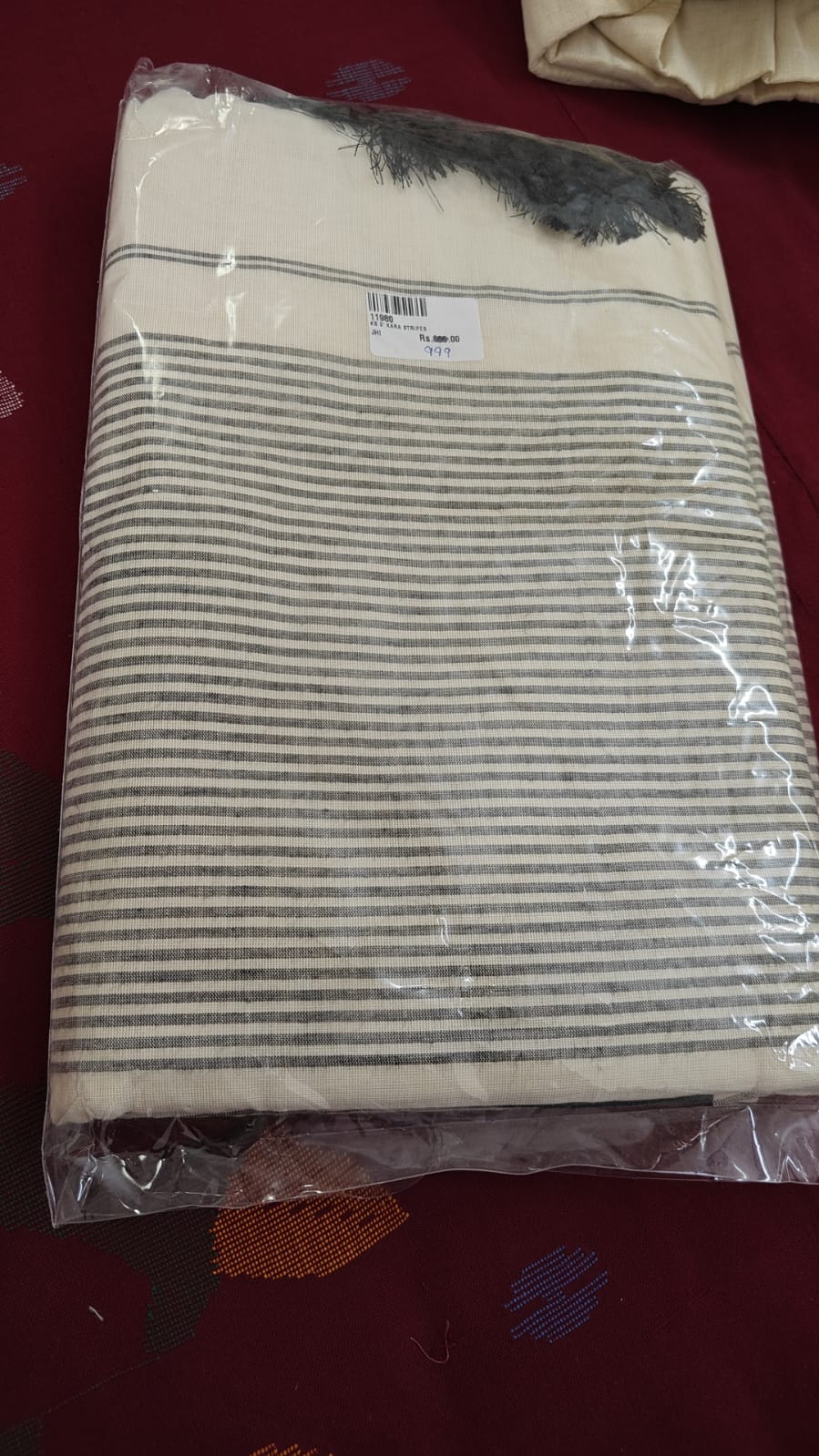 Grey Striped Kerala Cotton Saree, ivory
