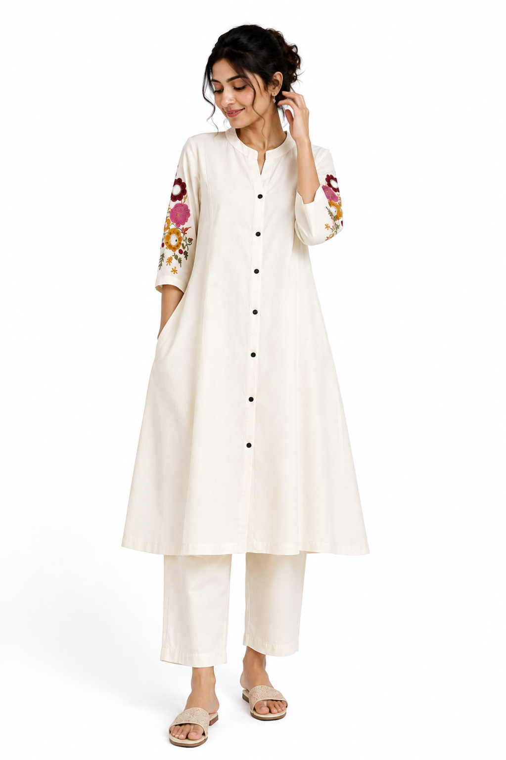 Ivory Floral Embroidered Shirt Kurta Set - view 3