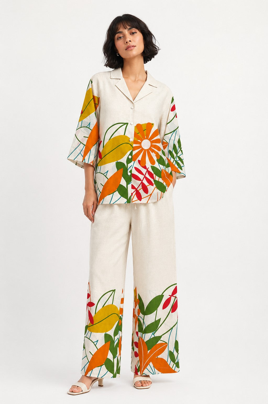 Ivory Tropical Print Shirt Set