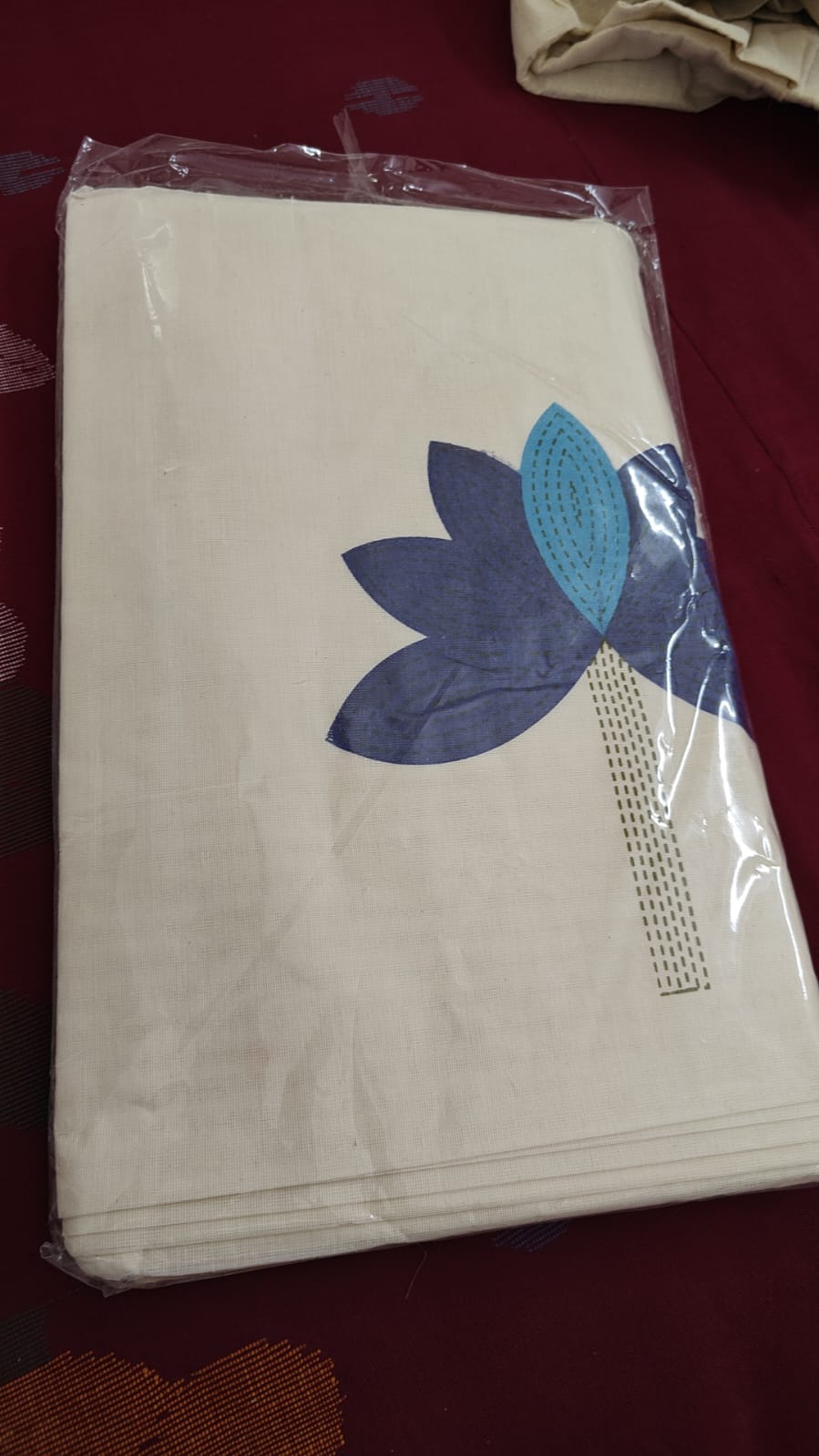 Kerala Saree with Blue Lotus Applique, blue