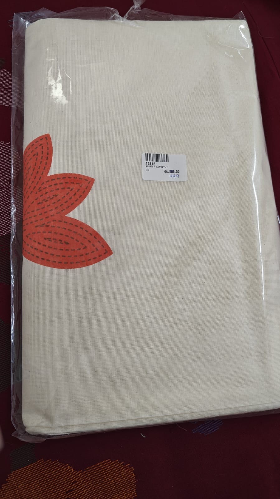 Kerala Saree with Orange Lotus Applique, orange