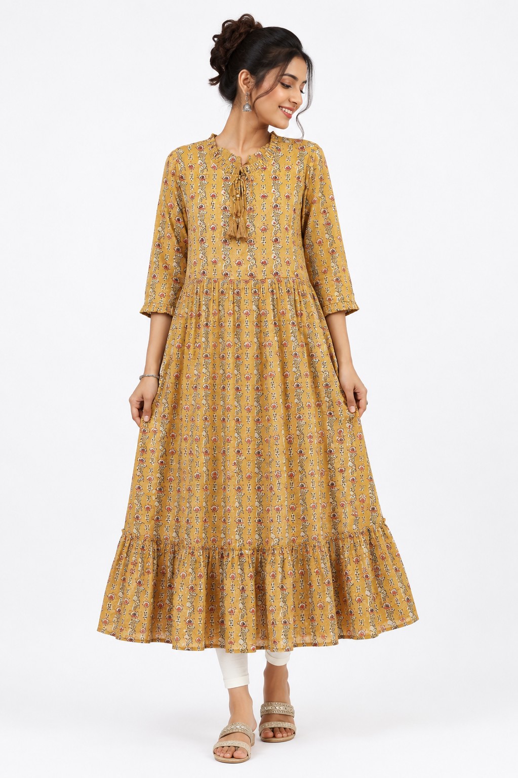 Khaki Print Tiered Long Kurta