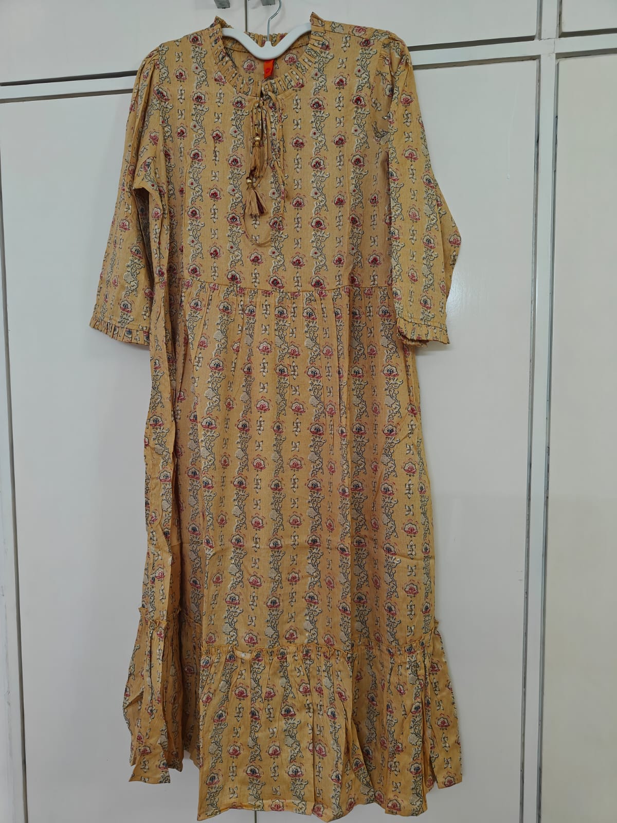 Khaki Print Tiered Long Kurta, yellow