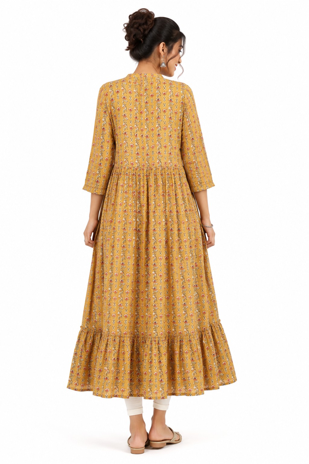 Khaki Print Tiered Long Kurta - view 2