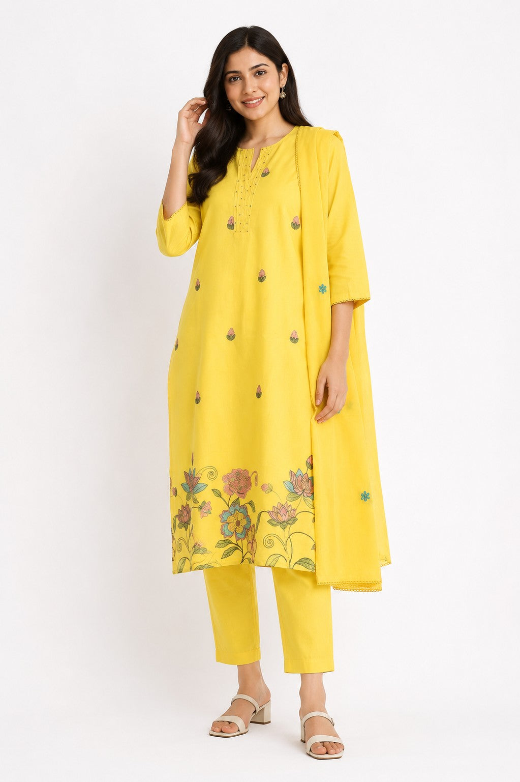 Lemon Embroidered Kurta Dupatta Set - view 3