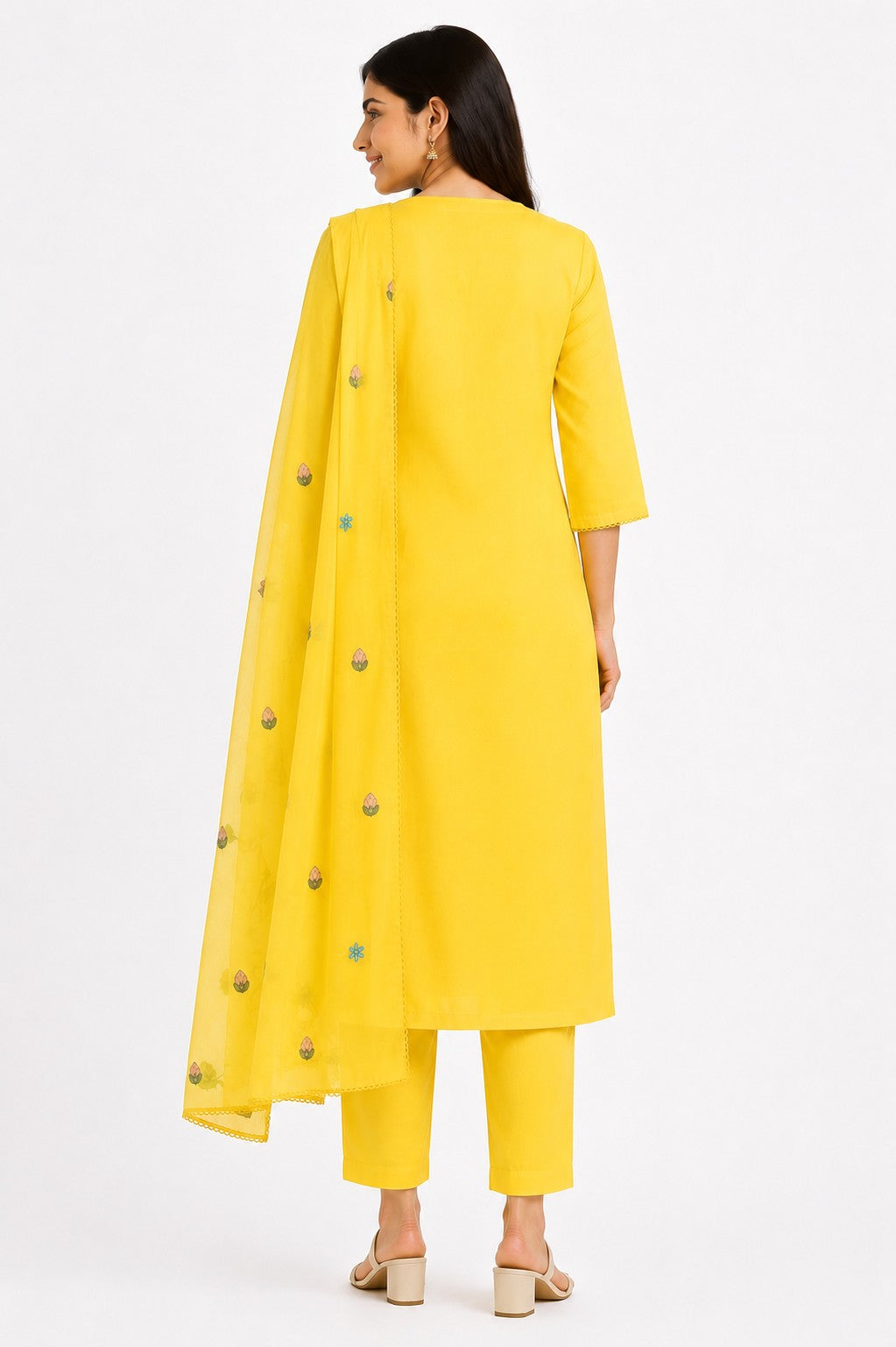 Lemon Embroidered Kurta Dupatta Set - view 4