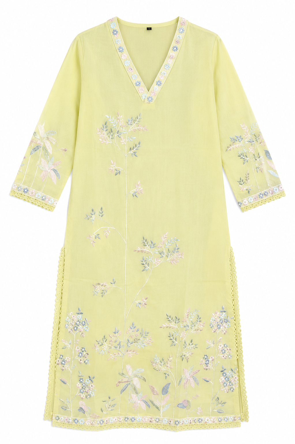 Lemon Floral Embroidered Kurta Set, lemon