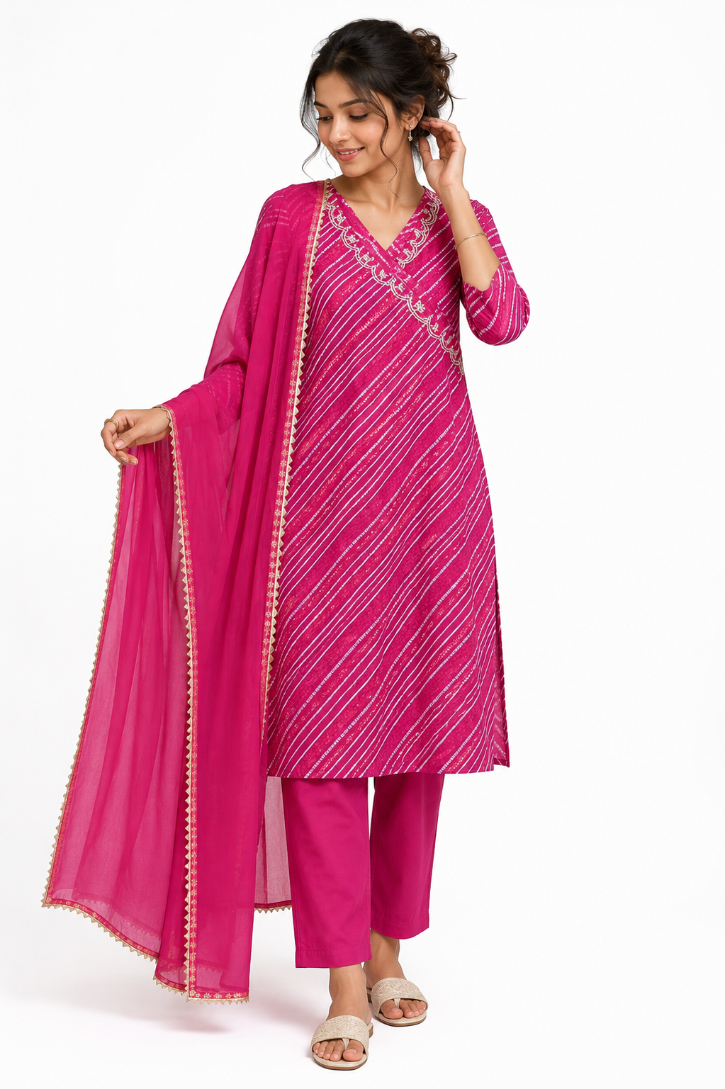 Magenta Leheriya Print Kurta Set - view 4