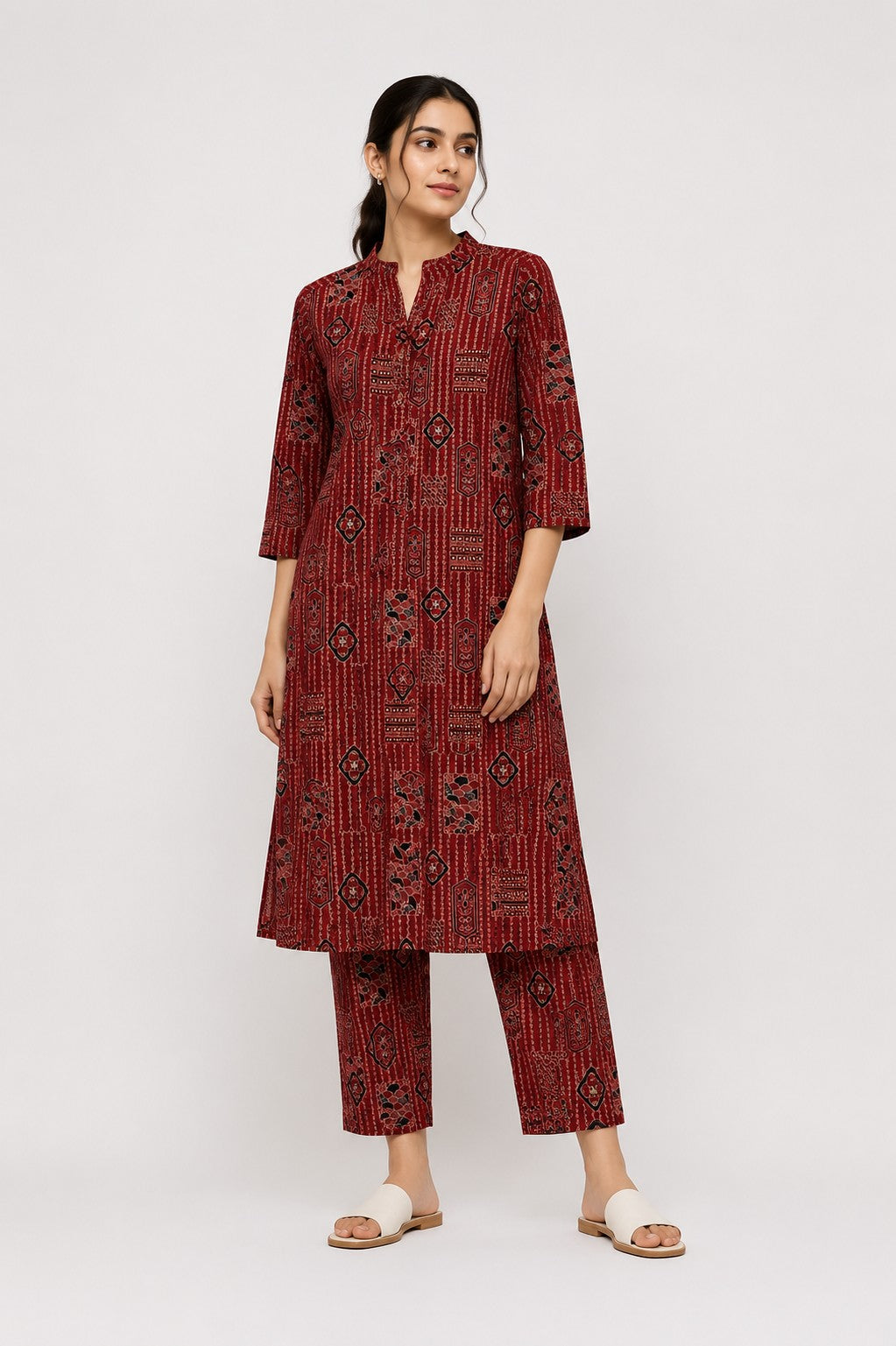 Maroon Striped Print Kurta Set - view 3