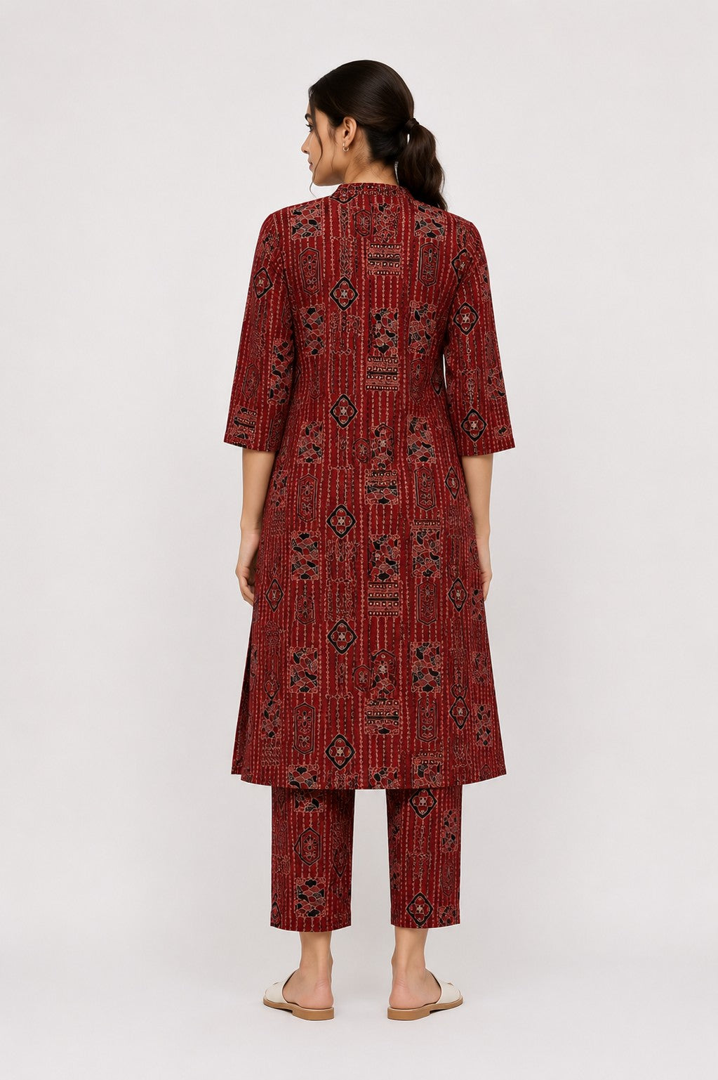 Maroon Striped Print Kurta Set - view 4