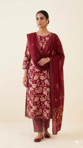 Maroon Zari Floral Dress Material Set, maroon